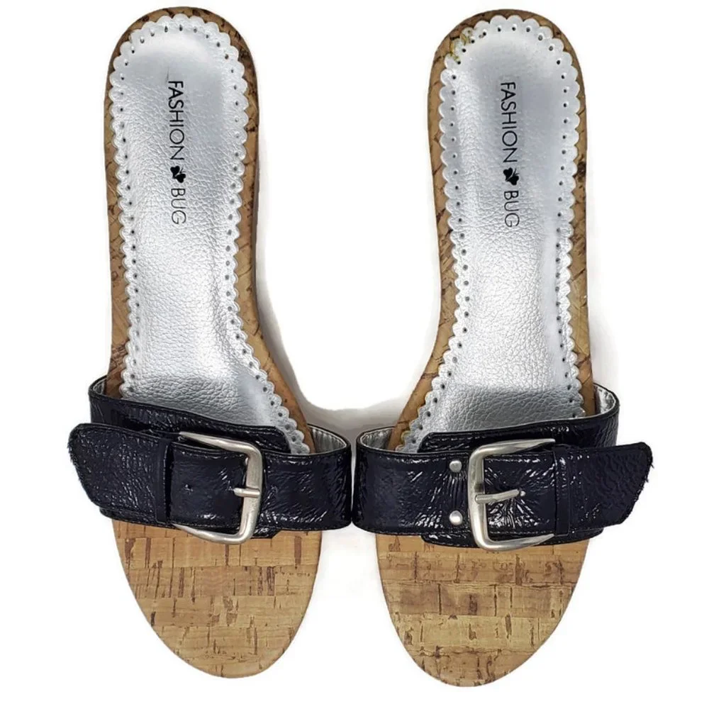 Fashion Bug Size 10 Black Faux Patent Leather Buckle‎ Cork Wedge Heels Sandals